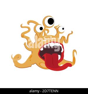 Cute monster with round eyes and tentacles. Funny mascot angry and crazy with open mouth and stick out tongue, screaming face troll. Vector illustrati Stock Vector