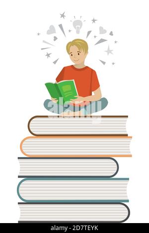Cartoon boy teen sitting on books and read book, Stock Vector