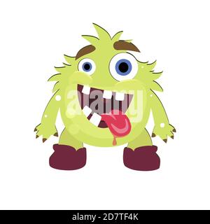 Mad green monster with opening mouth and stick out tongue. Illustration troll halloween, goofy gremlin creature, cute ugly goblin face vector Stock Vector