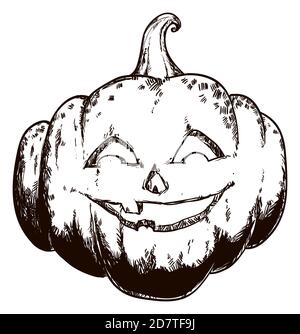 Pumpkin in hand drawn style with carved smiling gesture, isolated over white background. Stock Vector