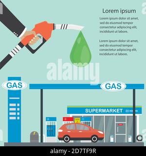 Fuel pump in hand man. Petrol station. Holding fuel nozzle Stock Vector