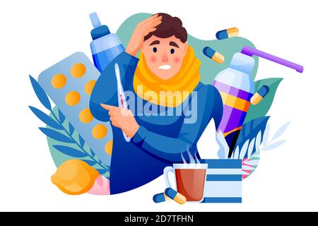Flu sick young man with pills and medicines. Male treats seasonal cold respiratory infection disease. Vector flat cartoon characters illustration isol Stock Vector