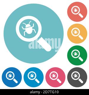 Bug tracking flat white icons on round color backgrounds Stock Vector