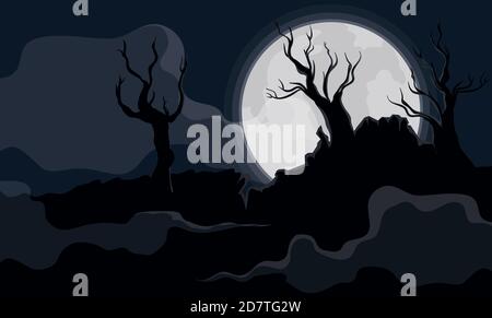 Cloudy and spooky night over dark forest with its dry trees, mist and full moon in the sky. Stock Vector