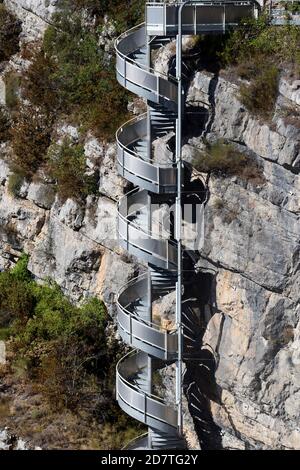 Aluminium Metal or Industrial Spiral Staircase or Spiral Stairs on Cliifs next to Castillon Dam in the Verdon Gorge Regional Park Castellane France Stock Photo