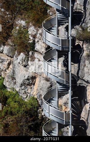 Aluminium Metal or Industrial Spiral Staircase or Spiral Stairs on Cliifs next to Castillon Dam in the Verdon Gorge Regional Park Castellane France Stock Photo