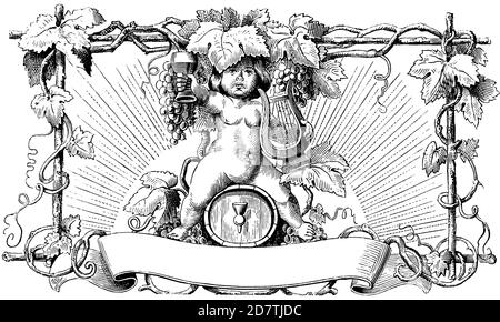 Vintage wine label with vines and cherub. Published in Specimens des divers caracteres et vignettes typographiques de la f Stock Photo