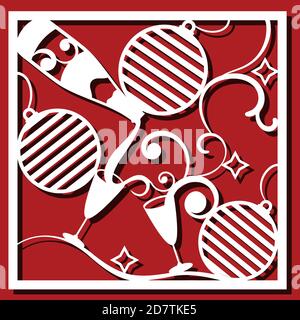 Christmas balls and glass, shampagne bottle for laser cutting. New Year card. Vector illustration Stock Vector