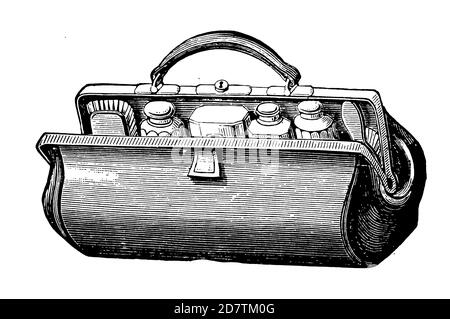 Vintage Travel Suitcase - Original Antique 19th Century Tourism Advertising Design Black and White Illustrations of Travel Accessories and Bags Stock Photo