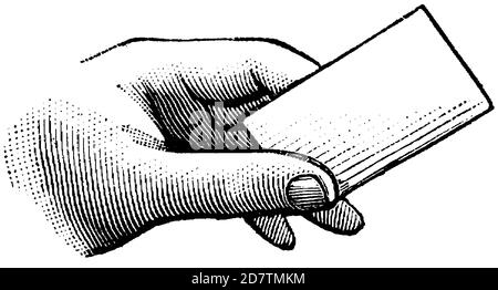 Hand holding card illustration, 19th century black and white drawing Stock Photo