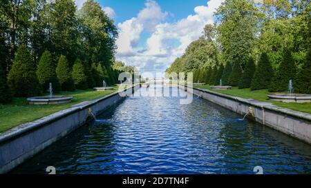 Peterhof is a small town and park near St. Petersburg. Royal fountains, greenery and beauty on the shore Stock Photo