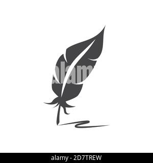 Quill pen with ink trail black vector icon. Bird feather with writing track symbol. Stock Vector