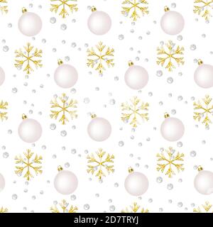 Big golden snowflakes, glass balls, pearl beads isolated on white background. Seamless christmas and new year pattern. Great for posters, headers, sea Stock Vector