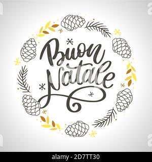 Buon Natale. Merry Christmas Calligraphy Template in Italian. Greeting Card Black Typography on White Background. Vector Illustration Hand Drawn Stock Vector