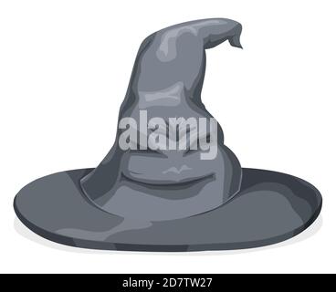 Gray wizard hat character with smiling face and wide brim, isolated over white background. Stock Vector