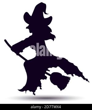 Dark silhouettes of witch with ragged dress, riding over her magic broom and floating in the air. Stock Vector