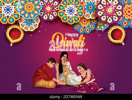 Happy Diwali celebration background. Top view of banner design decorated with illuminated oil lamps on patterned yellow background. vector illustratio Stock Vector
