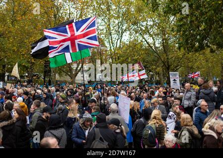 Crowds gather at Speakers Corner in Hyde Park during an anti-lockdown rally in London, 24 October 2020 Stock Photo