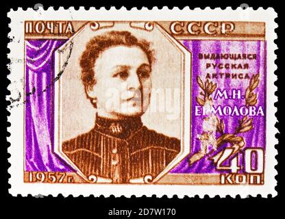 MOSCOW, RUSSIA - OCTOBER 9, 2020: Postage stamp printed in Soviet Union shows M.N. Ermolova, circa 1957 Stock Photo