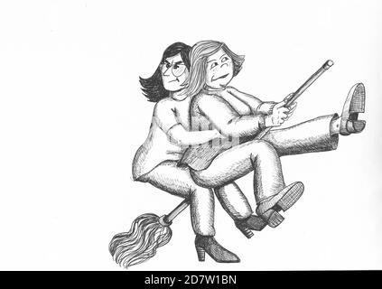 Two modern witches flying on a mop. Illustration. Stock Photo