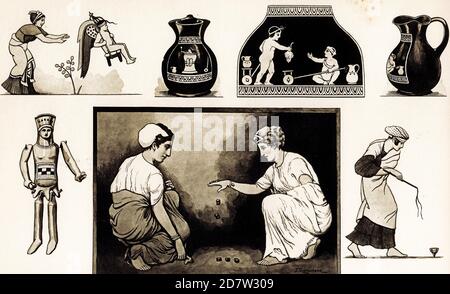 Halftone of toys and games used in ancient greece. From a set of school posters for history and social studies c 1930 Stock Photo