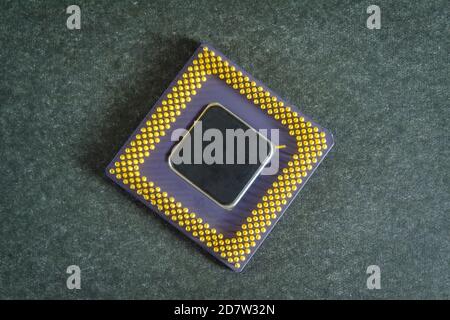 Main processor of desktop computer close-up isolated on a dark grey background. Stock Photo