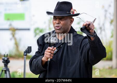 October 24, 2020. Boston, MA. About 50 activists rallied and lined Melnea Cass Boulevard  to protest a controversial plan to cut down about a quarter Stock Photo