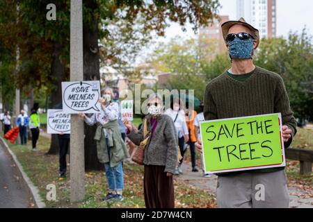 October 24, 2020. Boston, MA. About 50 activists rallied and lined Melnea Cass Boulevard  to protest a controversial plan to cut down about a quarter Stock Photo