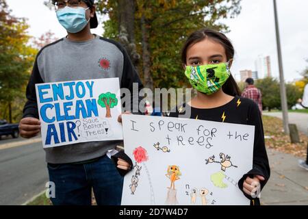 October 24, 2020. Boston, MA. About 50 activists rallied and lined Melnea Cass Boulevard  to protest a controversial plan to cut down about a quarter Stock Photo