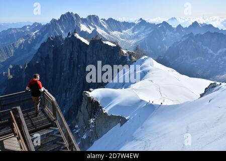 Looking to the White Valley, Mont Blanc massif from Aiguille du Midi 3842m, Chamonix, France Stock Photo