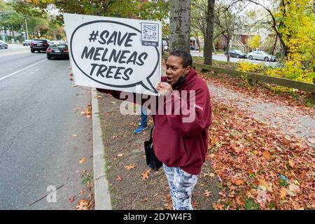 October 24, 2020. Boston, MA. About 50 activists rallied and lined Melnea Cass Boulevard  to protest a controversial plan to cut down about a quarter Stock Photo