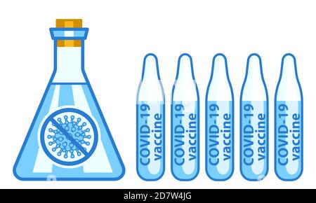 Concept illustration of the stop coronavirus pandemic with laboratory flask and vaccine. Novel coronavirus covid-19 Stock Vector