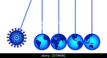 Concept illustration of the earth globes and coronavirus as newton cradle pendulum. Novel coronavirus covid-19. Elements of this image furnished by NA Stock Vector