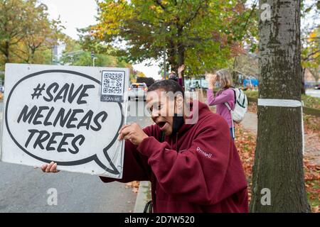 October 24, 2020. Boston, MA. About 50 activists rallied and lined Melnea Cass Boulevard  to protest a controversial plan to cut down about a quarter Stock Photo