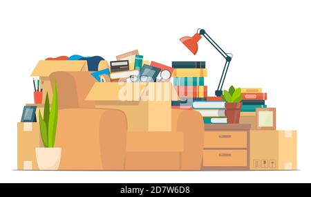 Moving to new house with home furniture, things and boxes, vector illustration. Concept of relocation, cargo and moving business.Colorful home items a Stock Vector