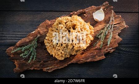 Fresh sparasis on a pine bark nicely arranged with thyme, rosemary and garlic leaves on a dark brown wooden table Stock Photo