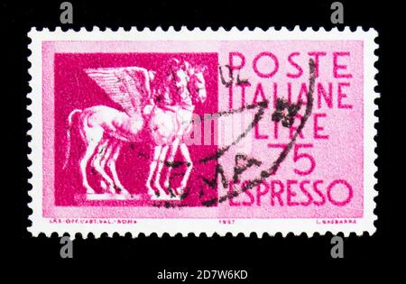 MOSCOW, RUSSIA - APRIL 15, 2018: A stamp printed in Italy shows Etruscan Winged Horses, serie, circa 1958 Stock Photo