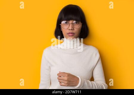 Portrait of nerd Asian woman girl smart teen with glasses Stock Photo