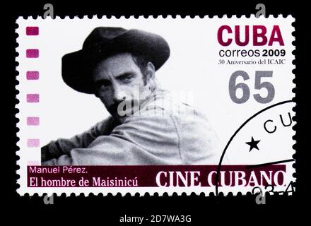 MOSCOW, RUSSIA - MARCH 28, 2018: A stamp printed in Cuba shows Manuel Perez, actor, Cuban cinema serie, circa 2009 Stock Photo