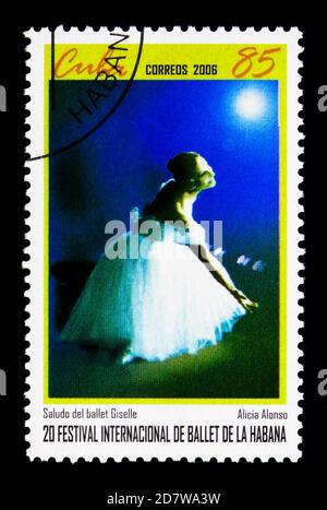 MOSCOW, RUSSIA - MARCH 28, 2018: A stamp printed in Cuba shows Alicia Alonso, 20th International Ballet Festival, Havana serie, circa 2006 Stock Photo
