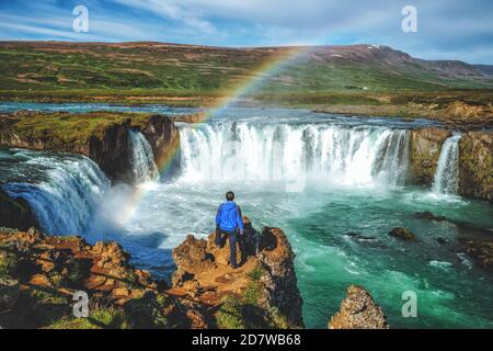 The Godafoss (Icelandic: waterfall of the gods) is a famous waterfall in Iceland. The breathtaking landscape of Godafoss waterfall attracts tourist to Stock Photo