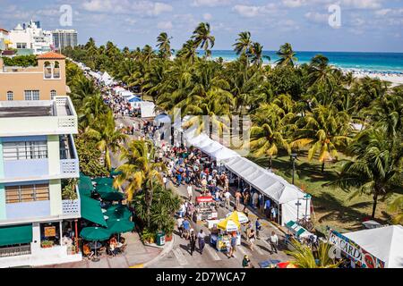 Miami Beach Florida,Art Deco Weekend South Beach,Ocean Drive,ovehead aerial view,vendors tents stalls booths Lummus Park, Stock Photo