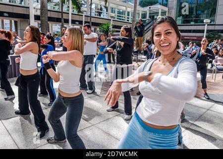 Miami Florida,Mayor's Health & Fitness Challenge,Zumba salsa aerobics session class workout,Hispanic woman female women, Stock Photo