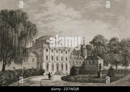 United States of America. Pennsylvania Hospital. Philadelphia. Founded in 1751 by Benjamin Franklin and Dr. Thomas Bond. It became one of the leading public hospitals in the country. Engraving. Panorama Universal. History of the United States of America, from 1st edition of Jean B.G. Roux de Rochelle's Etats-Unis d'Amérique in 1837. Spanish edition, printed in Barcelona, 1850. Stock Photo