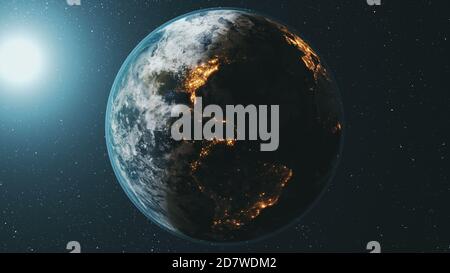 Earth Planet Orbit Rotating At Bright Sun In Dark Outer Space Realistic Third Planet Of Solar System Orbital Spin With Star Sky At Background Illuminated Mainlands At World Globus 3d Animation Stock