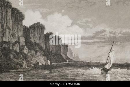 The Palisade Rocks on the Hudson River. West Bank. New York. Raining in the background. Engraving. Panorama Universal. History of the United States of America, from 1st edition of Jean B.G. Roux de Rochelle's Etats-Unis d'Amérique in 1837. Spanish edition, printed in Barcelona, 1850.