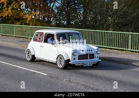 1987 80s white Austin Mini Mayfair sports racing car driving in Chorley, UK Stock Photo