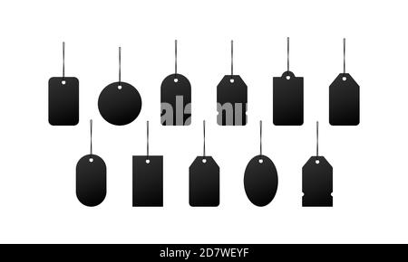 Set of blank black paper price tags. Label cardboard and black hanging tag. Vector on isolated white background. EPS 10 Stock Vector