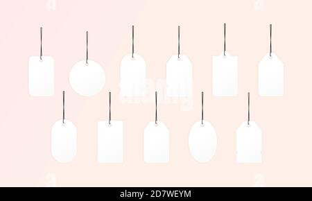 White price tags realistic icon set. Blank white paper tags, labels, stickers. Price tags or gift tags in different shapes. Set of labels with cord. Stock Vector