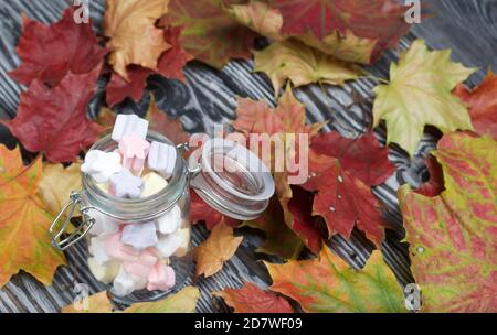 Marshmallows of different colors. They lie in a glass jar. Autumn maple leaves are scattered around. Stock Photo